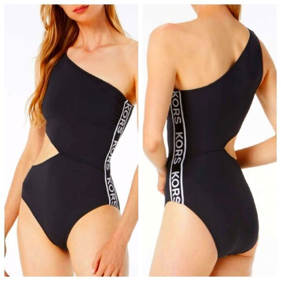 Micheal Kors Black Signature Logo Side Cutout Women's  One-piece Swimsuit 12 - Picture 1 of 14